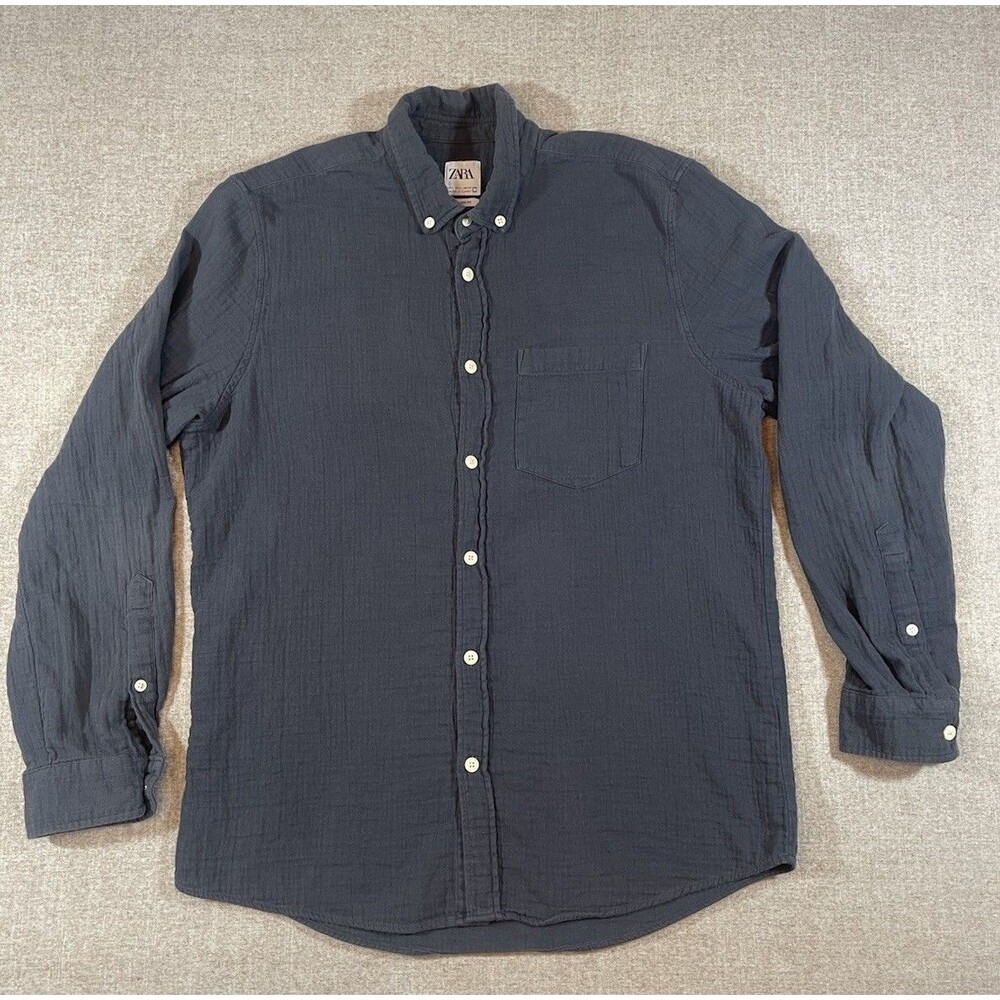 ZARA Relaxed Fit Charcoal Gray Button Up Shirt Long Sleeve Men’s Size L Large